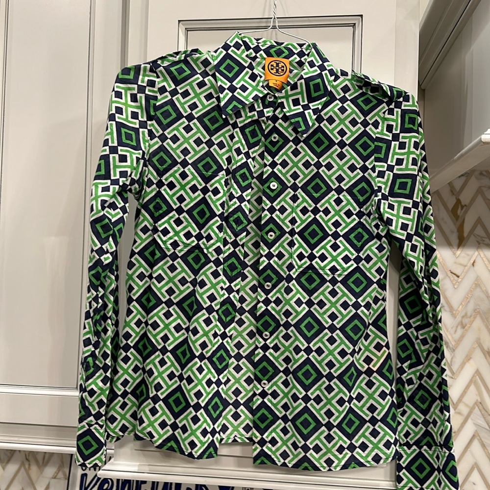 Tori Burch long sleeve, navy and green light white cotton top.